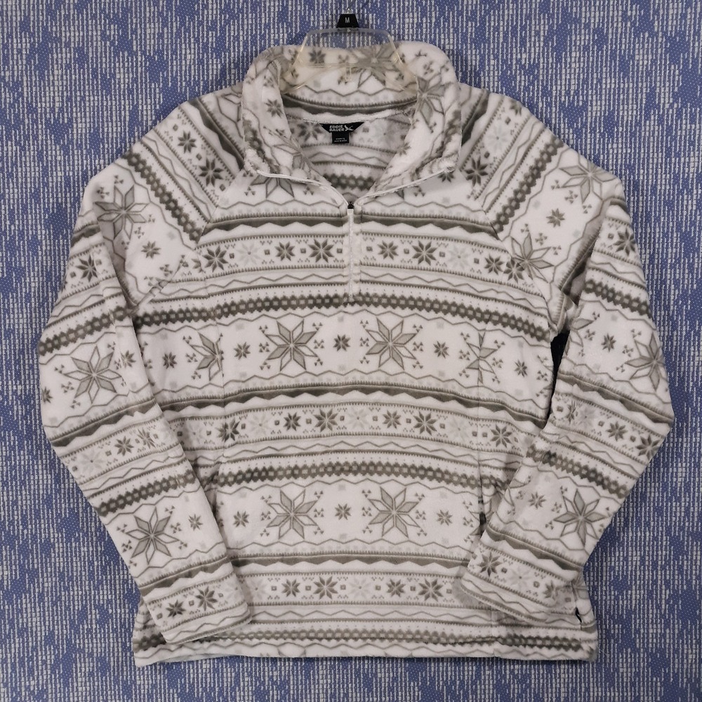 Eddie Bauer Fleece Sweater Womens L Outdoor 1/4 Zip Snowflake Winter Fair Isle